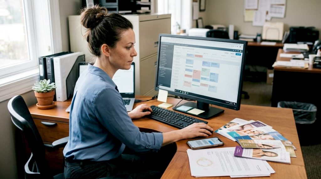 Med spa manager using booking software at desk