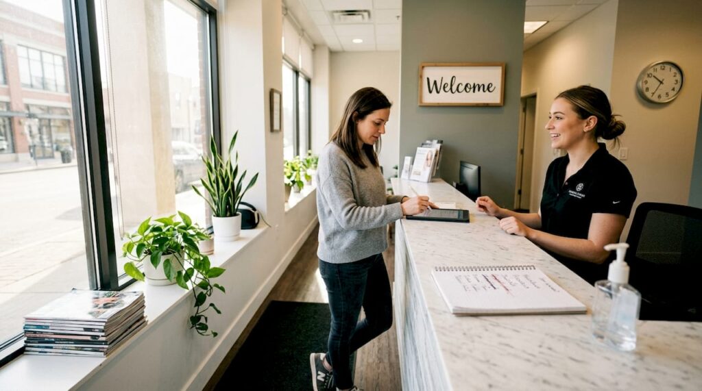 Med spa receptionist and client at front desk