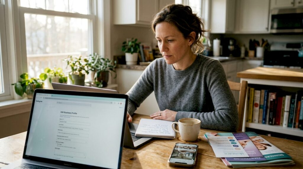 Med spa owner updating digital branding workspace