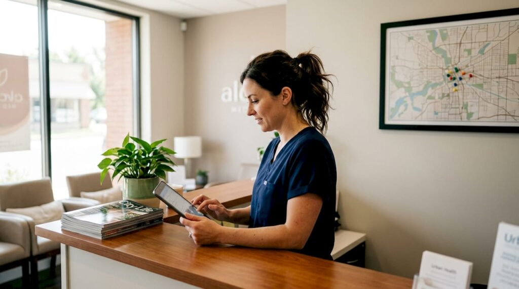 Med spa manager checking tablet in cozy lobby
