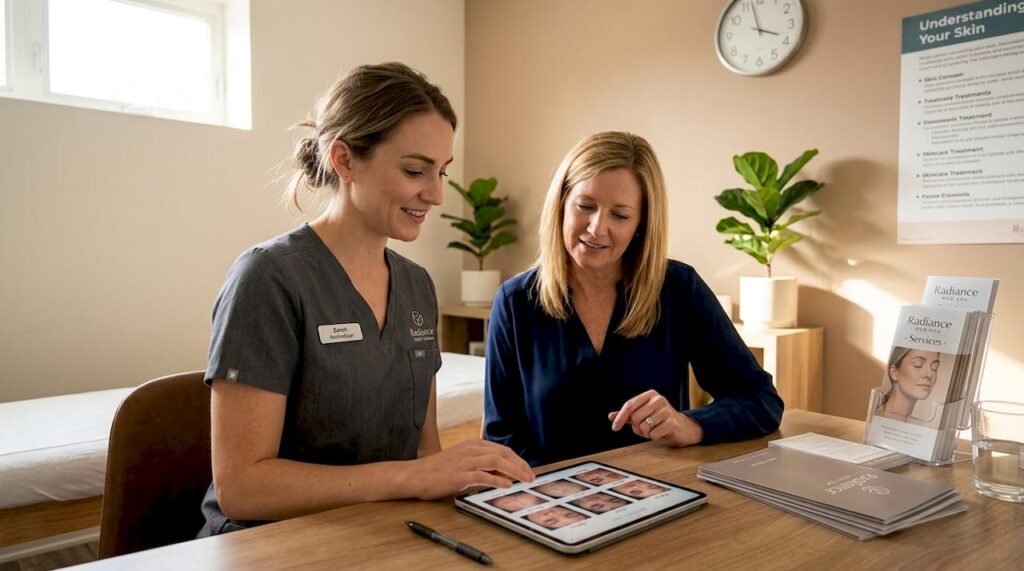 Aesthetician shows visual examples to med spa client