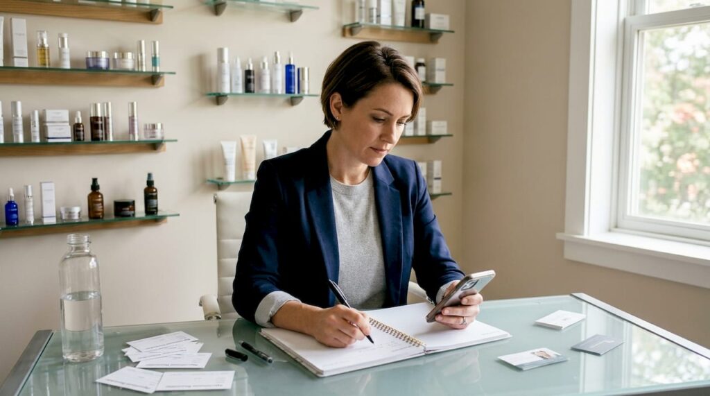 Med spa owner planning social media at desk