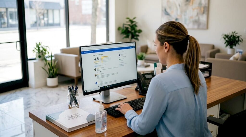 Receptionist checking online reviews at med spa front desk