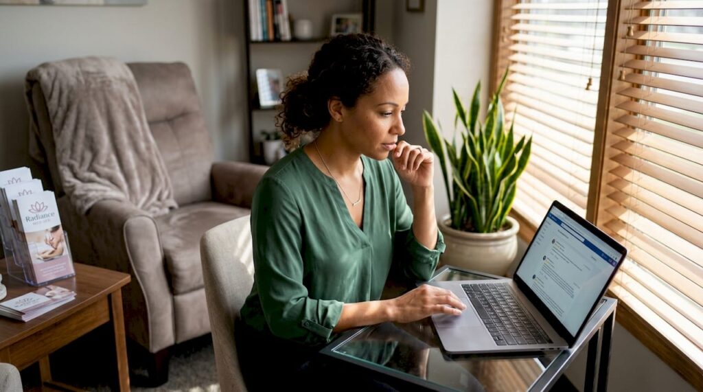 Med spa owner reading client reviews at desk