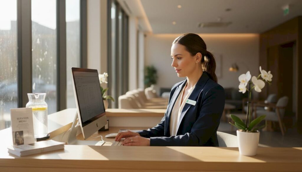Med spa receptionist entering appointments