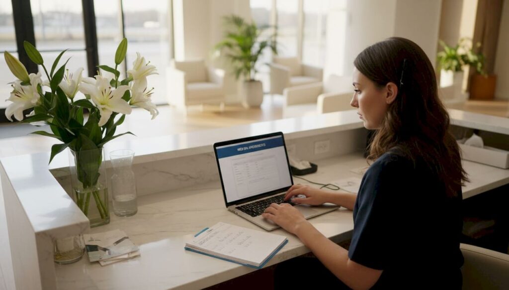 Receptionist writing at med spa desk