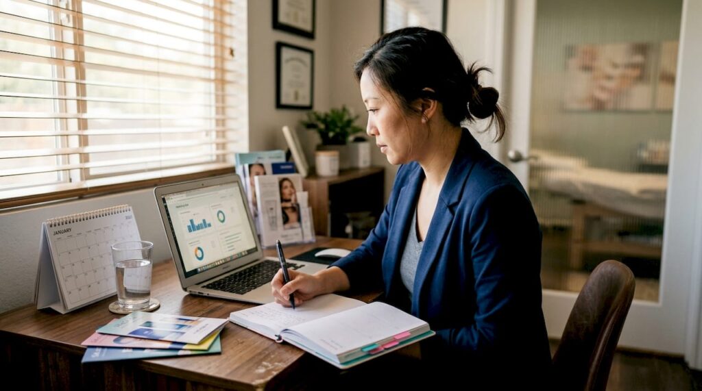 Med spa manager reviews marketing reports at desk