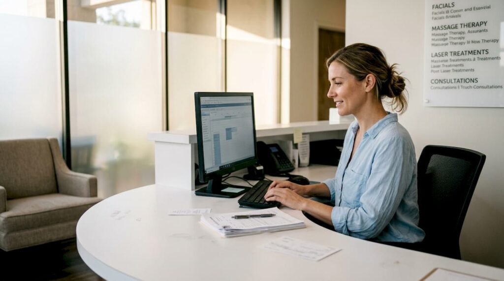 Receptionist working at med spa lobby desk