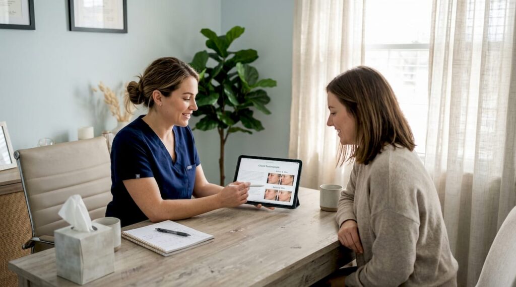 Med spa practitioner showing testimonial to client