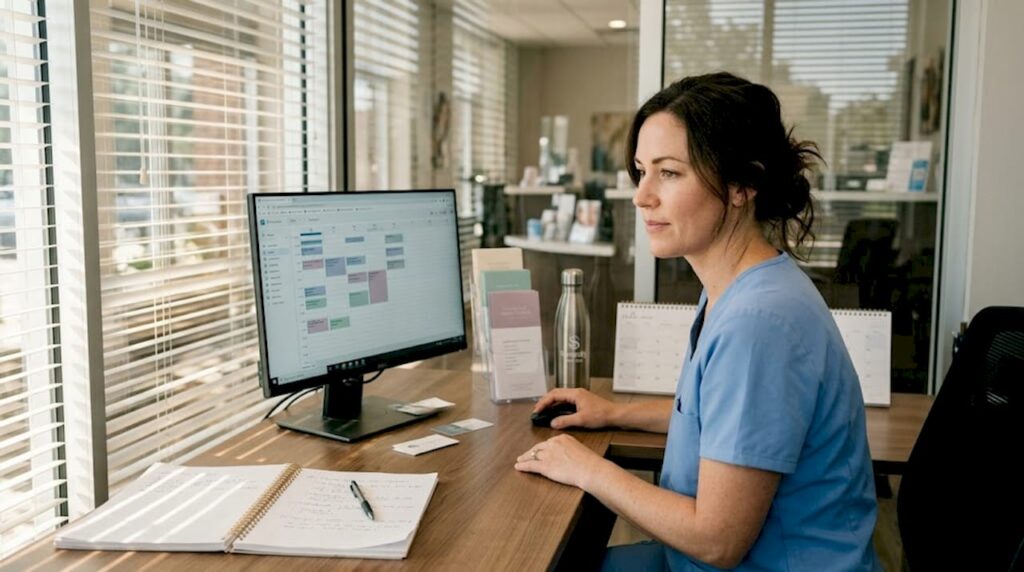 Med spa manager reviewing client schedule