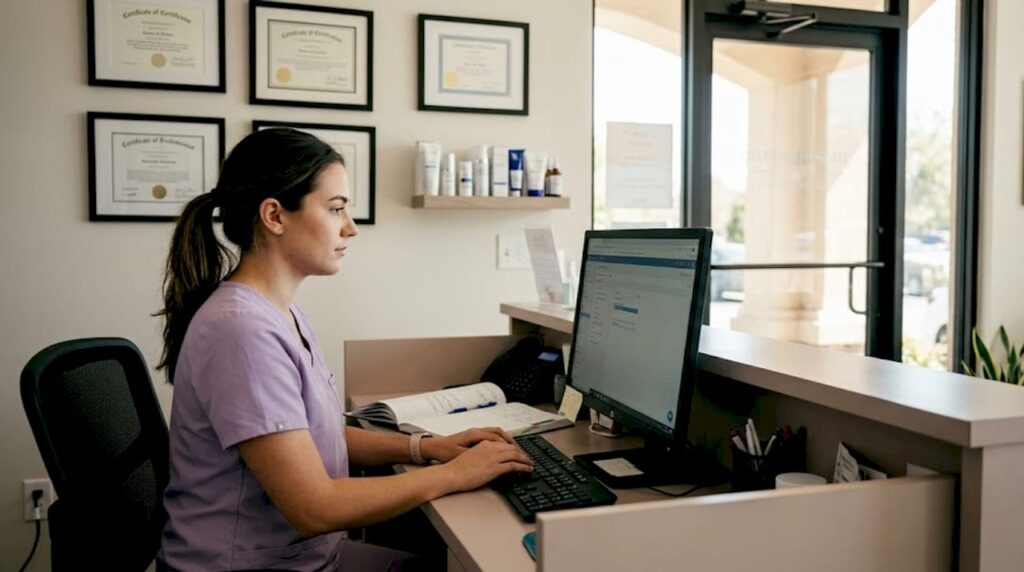 Med spa coordinator using CRM at reception