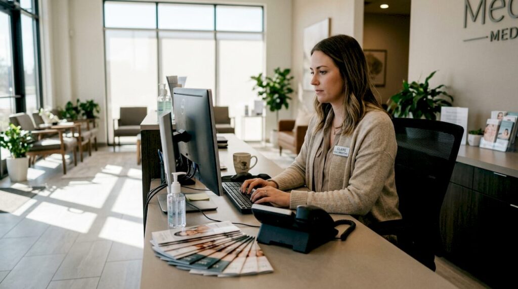 Receptionist updating med spa client records