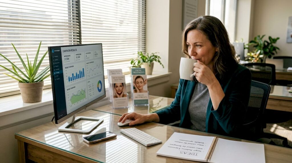 Med spa owner checks digital ad campaign results
