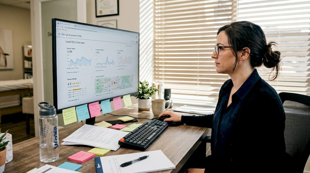 Med spa manager viewing SEO dashboard
