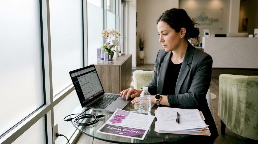 Med spa manager reviewing marketing dashboard