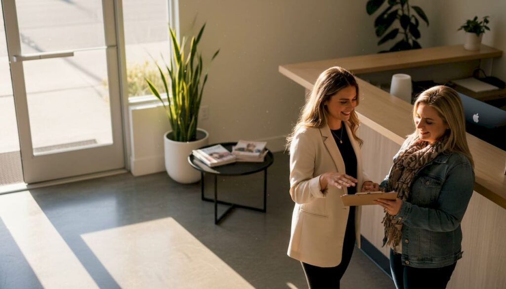 Med spa receptionist greeting client at lobby
