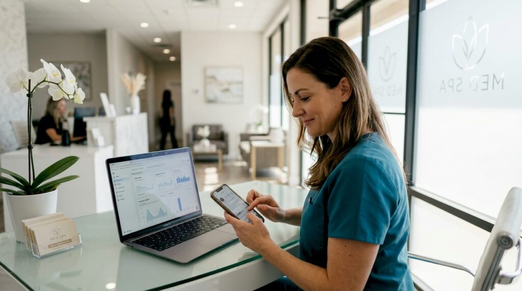 Med spa owner updating Instagram profile