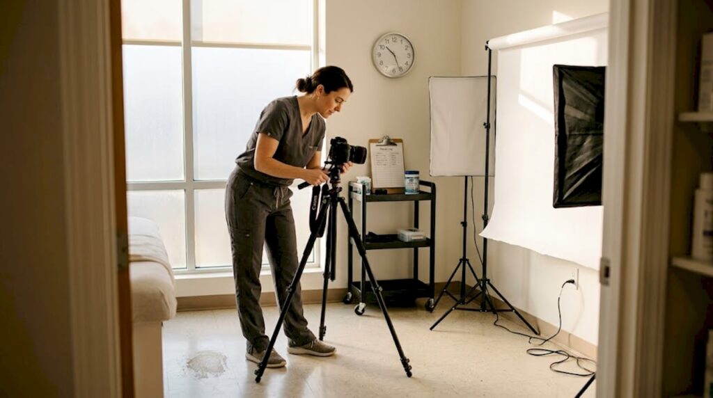 Technician setting up med spa photo station