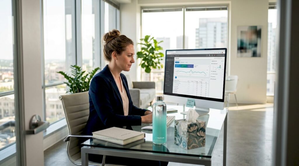 Med spa owner reviews ads at tidy desk