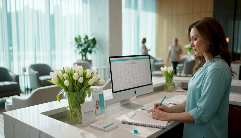 Med spa receptionist writing notes at front desk