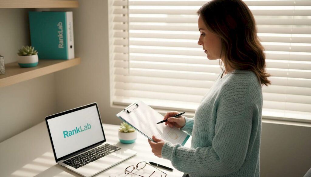 Med spa owner reviewing plans in bright office