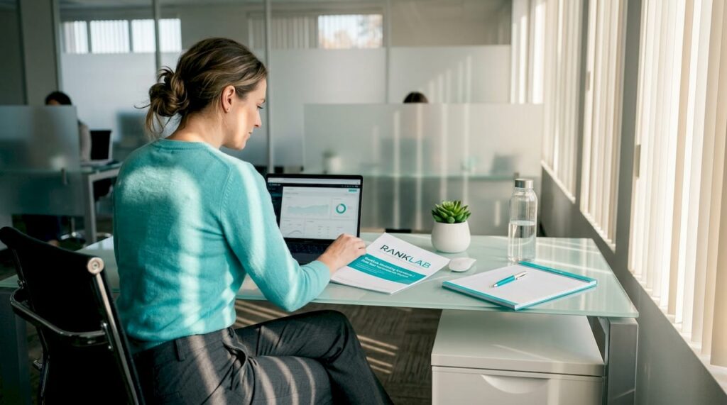 Med spa manager reviewing marketing report at desk