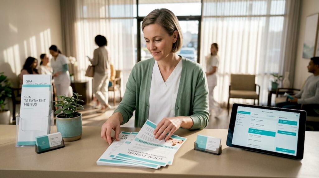 Spa manager organizes marketing at reception desk