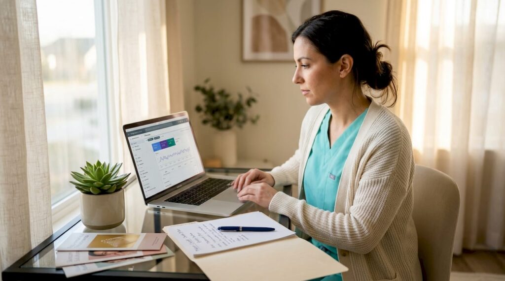 Med spa owner reviewing keyword research data