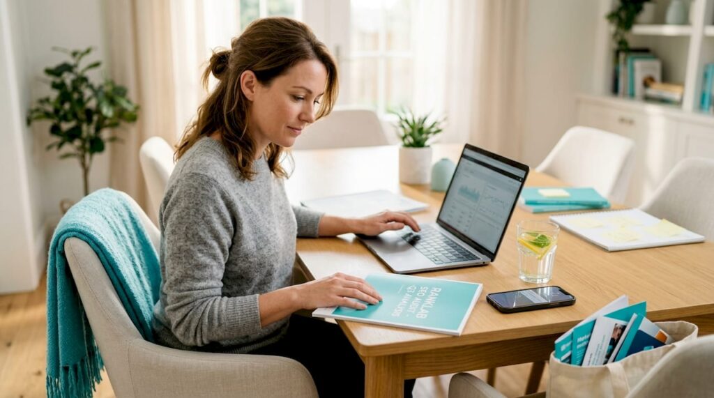 Med spa owner reviewing SEO audit at home