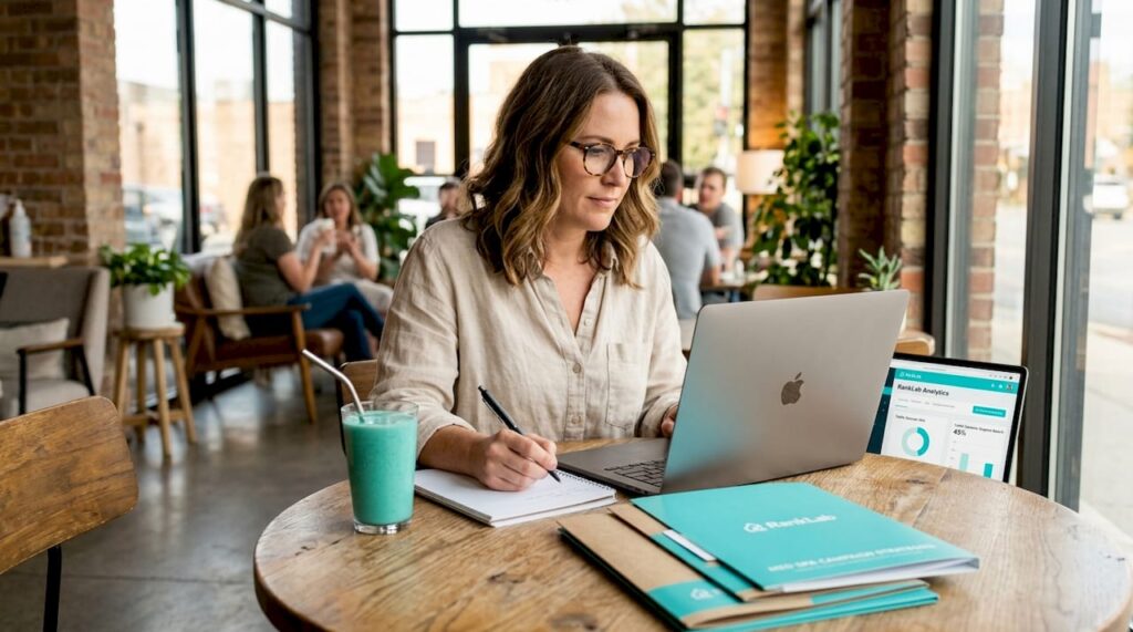 Marketing manager reviewing website analytics at desk