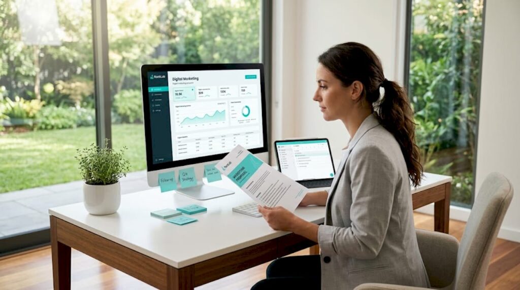Digital marketing professional reviewing proposals in corner office