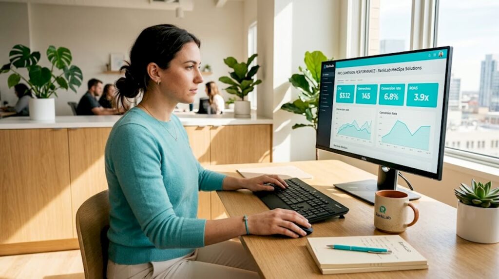 Med spa manager reviews PPC metrics at desk