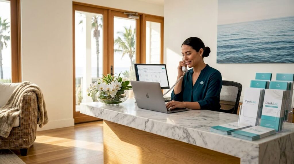 Spa receptionist on phone at front desk