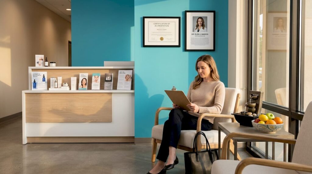 Client reading credentials in med spa reception
