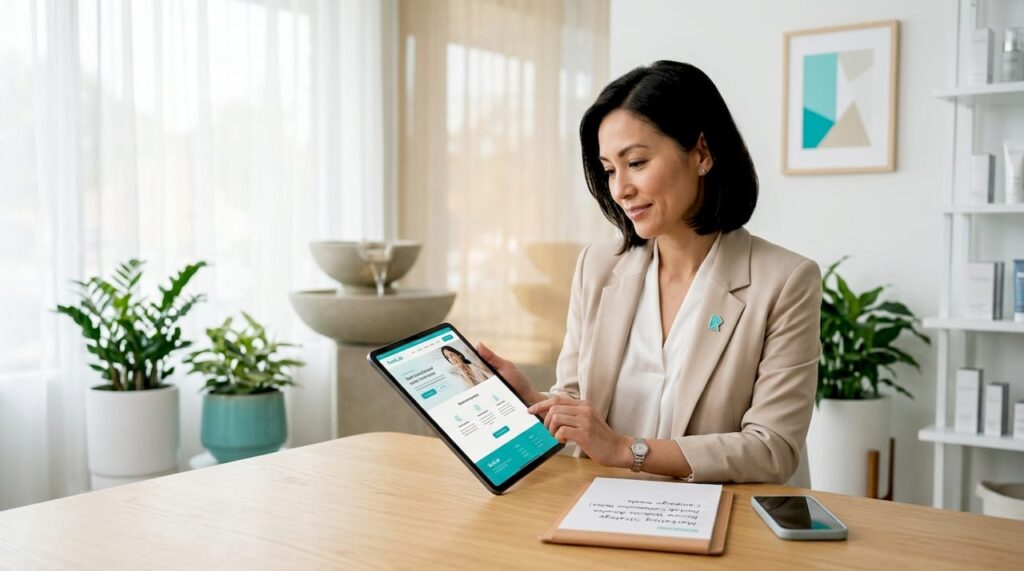 Med spa owner reviewing website design