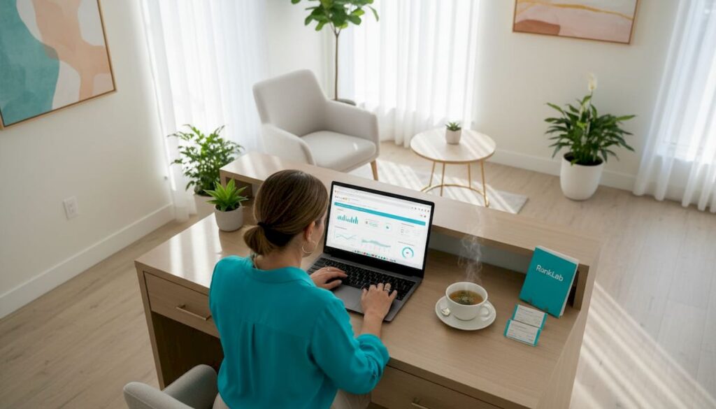 Med spa owner checking SEO on laptop at front desk