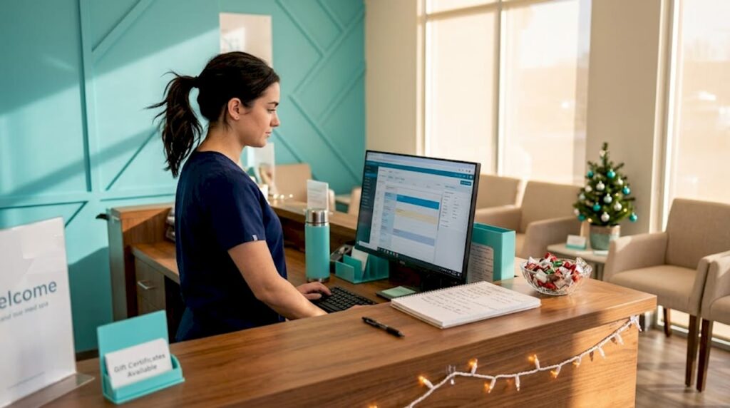 Med spa front desk holiday decorations and staff