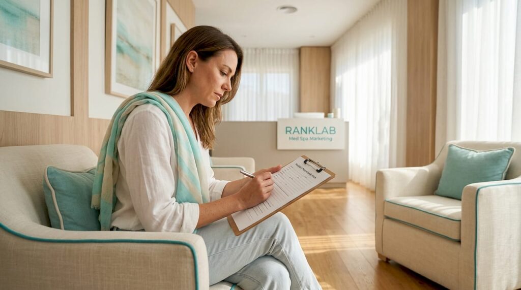 Med spa patient filling form in reception