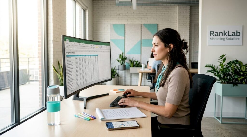 Marketer planning digital ad campaign workflow
