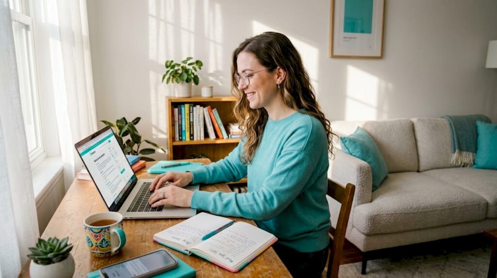 Blogger generating ideas at cluttered kitchen table