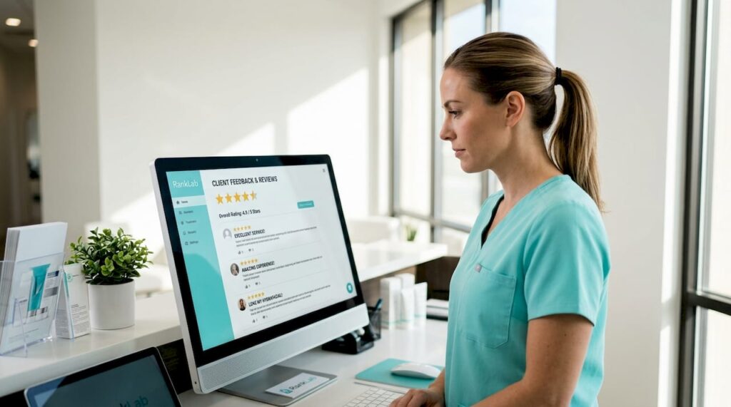 Med spa manager reading client reviews